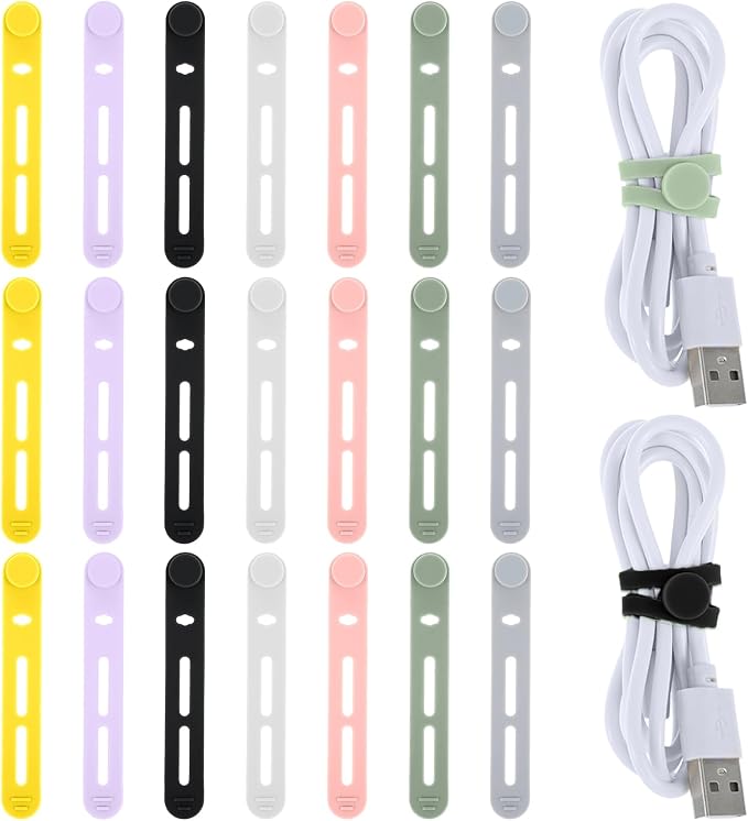 21 PCS Silicone Cable Ties Reusable Data Cable Organizer Silicone Ties Cord Keeper Organizer for Office, Multipurpose Elastic Cables Wire Tie for Bundling Fastening Earphone Phone Charging Cords