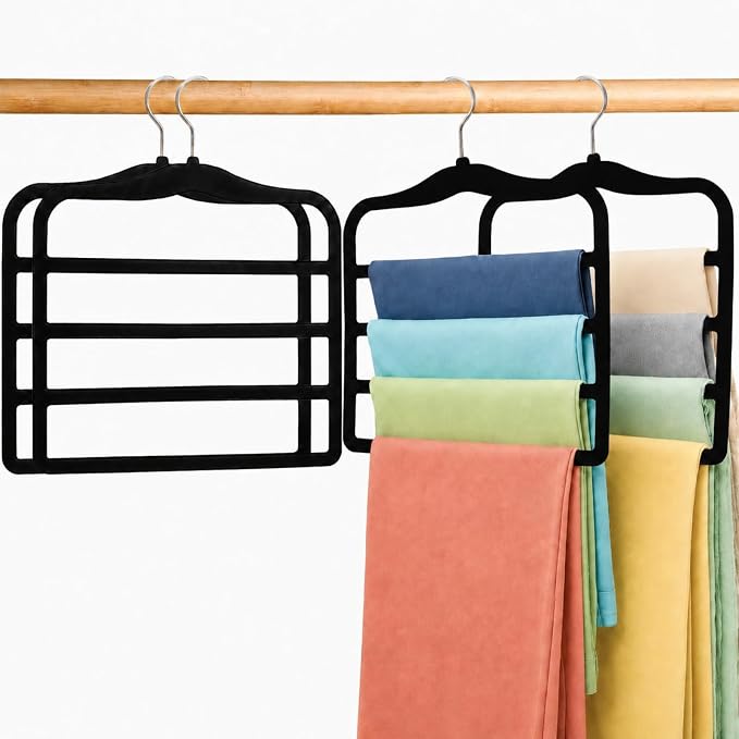 4 Pack Space Saving Velvet Pants Hangers, Dorm Room Essentials, Non-Slip Multi-Tier Closet Organizer for Jeans & Slacks, Maximize Wardrobe Storage with Multi-Purpose Rack for Shorts, Scarves & Ties