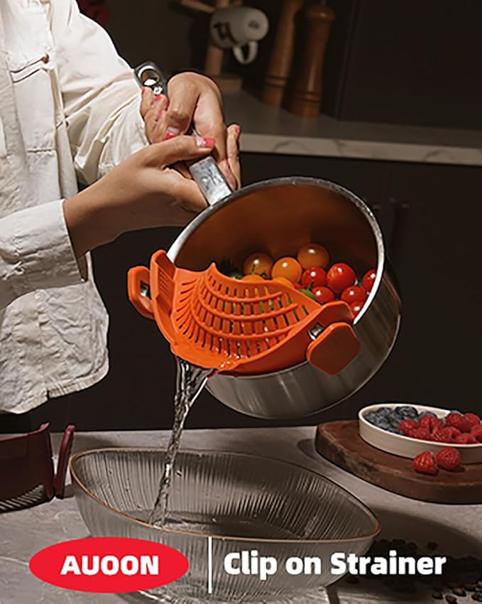 Large AUOON Clip on Strainer for All Pots and Pans - Oversized Silicone Pot Strainer Family-Style Design Pasta Strainer Kitchen Colander for Spaghetti and Noodles | Dishwasher Safe