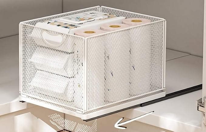 Pull out Cabinet Organizer Fixed with Adhesive Nano Film Heavy Duty Slide out Pantry Shelves Drawer Storage under sink organizer Sliding Mesh Cabinet Basket with Handle for Kitchen (Extra Extended)