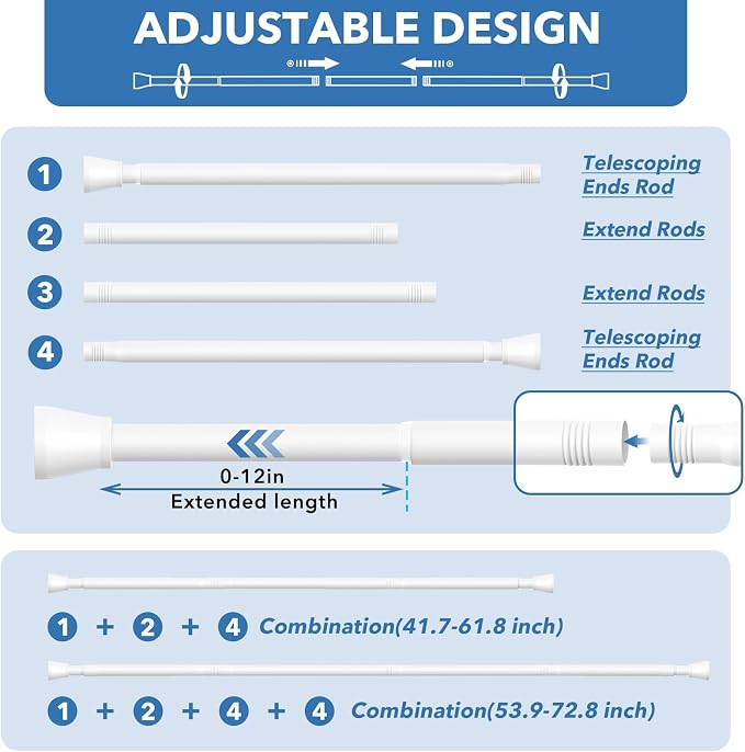 2 Pack White Shower Curtain Rod - Adjustable 45-77 inch Tension Curtain Rod, Spring loaded Curtain Rod for Bathroom Window