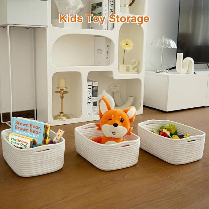 Small Storage Baskets for Organizing, Woven Storage Bins for Shelves, Gift Basket Empty, Cute Decorative Closet Organizer, Baby Rope Basket, Dog Toy Storage, 13.2x8.2x5.2”, 3Packs White