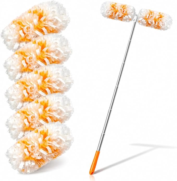 Gelibo 6ft Extendable Duster Handle with 5 Refills,Compatible with Swiffer,360°Rotating Ceiling Fan Dusters with Lock, Heavy Duty Microfiber Dusting Pads for Home Cleaning,Blinds,Hard-to-Reach Areas