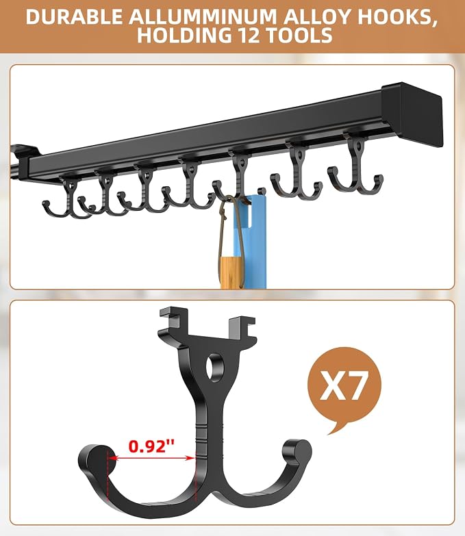 Pull Out Broom Holder With Adjustable Double Row Sliding Hook-Black 16.14in | High Load Capacity, Multifunctional Slide Broom And Mop Storage/Garage Organization Hooks, for Closet Laundry, kitchens