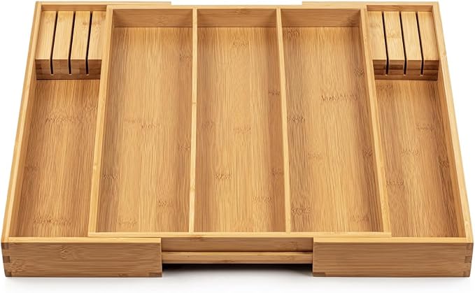 Purawood Kitchen Drawer Organizer with Knife Blocks - Utensil Drawer Organizer for Kitchen, Cutlery Tray & Silverware Organizer, 3-5 Slots - Bamboo Organizer for Utensils & Flatware (Natural)