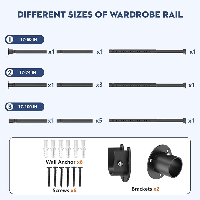 Heavy Duty Closet Rod, Adjustable 17-100 in, 1.3" Diameter | Black, Metal, Suitable for Wardrobes, Bathrooms, Laundry Room, RV