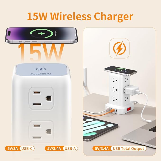 Extension Cord with Multiple Outlets, SMALLRT Surge Protector Power Strip Tower, 10FT Outlet Extender with 12 AC Outlets 4 USB, Power Strip with USB Ports for Home Office Dorm Room,Overload Protection