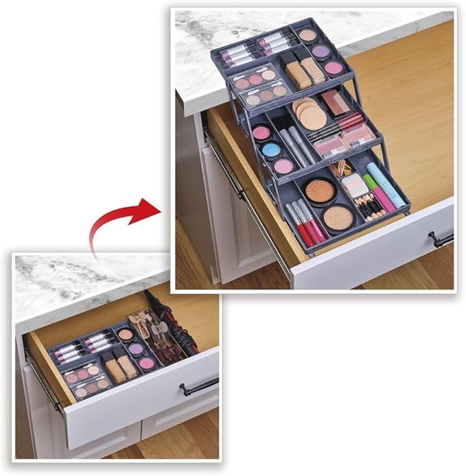 Drawer Organizer, Versatile Storage Organizer Tray Bins with Adjustable Compartments Storage Trays for Office,Bathroom,Kitchen,Makeup (1 Row 3 Tier)