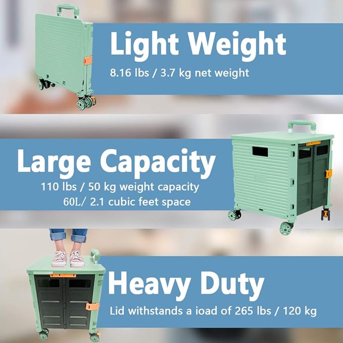 Foldable Utility Cart Portable Rolling Crate Handcart Shopping Trolley Collapsible 4 Rotate Wheels with Durable Heavy Duty Plastic Telescoping Handle for Travel Shopping Moving Storage Office Use