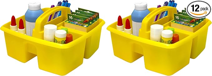 Storex 3-Compartment Small Caddy – Multipurpose Classroom Organizer with Handle, Yellow, 12-Pack (00950U06C)