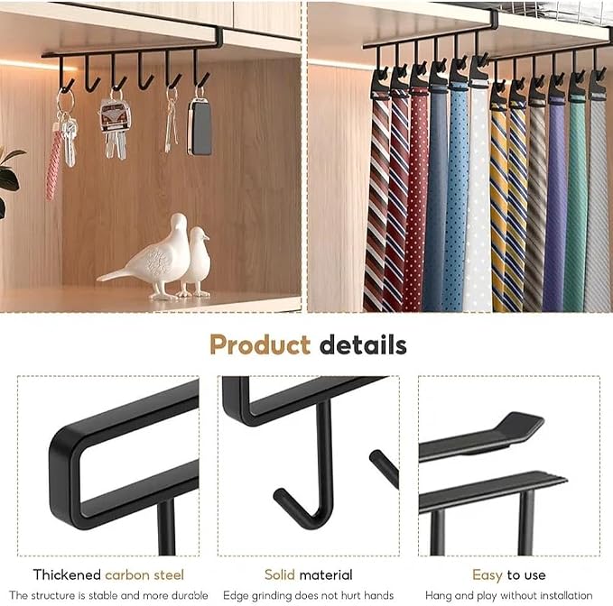 Black Mug Hanger, Under Cabinet Cup Holder Hanging Mug Organizer for Cabinet Nail Free Under Adhesive Coffee Cups Mug Holder Hanger for Cups/Kitchen Utensils/Ties Belts/Scarf/Keys Storage (2pcs)