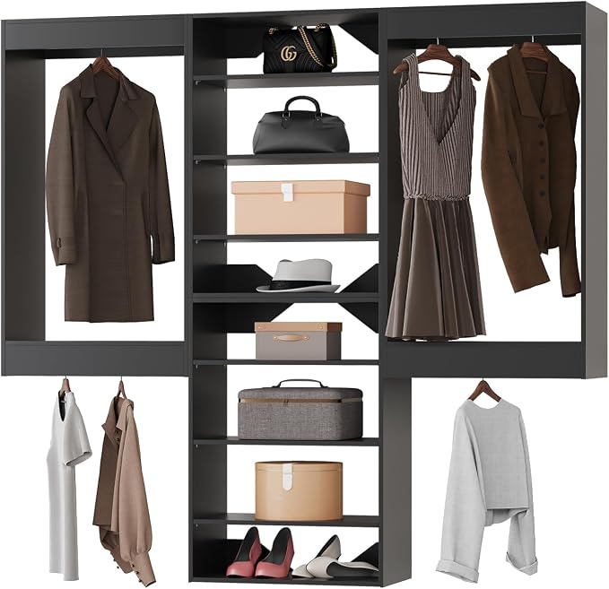ROOMTEC Modular Closet System, 96" Wall-Mounted Closet Organizer with Hanging Rods and Shelves, Wooden Tower for Walk-In Closets, Wardrobe Storage Kit, Black