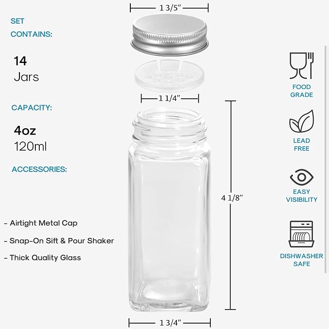 AOZITA 14 Pcs Glass Spice Jars with Spice Labels - 4oz Empty Square Spice Bottles - Shaker Lids and Airtight Metal Caps - Chalk Marker and Silicone Collapsible Funnel Included