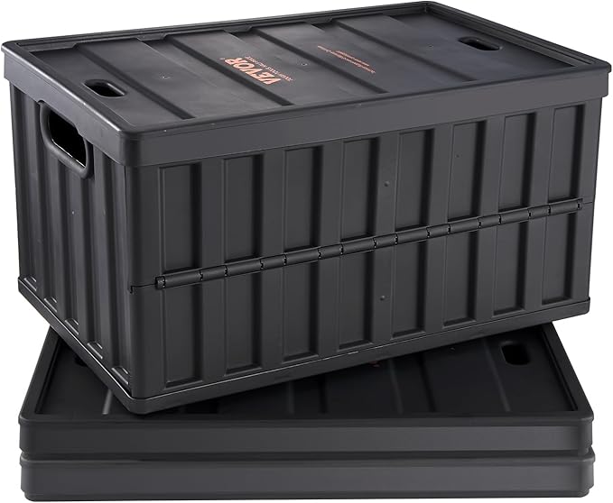 VEVOR 65L Collapsible Storage Bins with Lids 3 Packs, Stackable Utility Crates with Handles, Large Folding Containers for Organizing Tools, Books, Food, Drinks, Camping&Transport