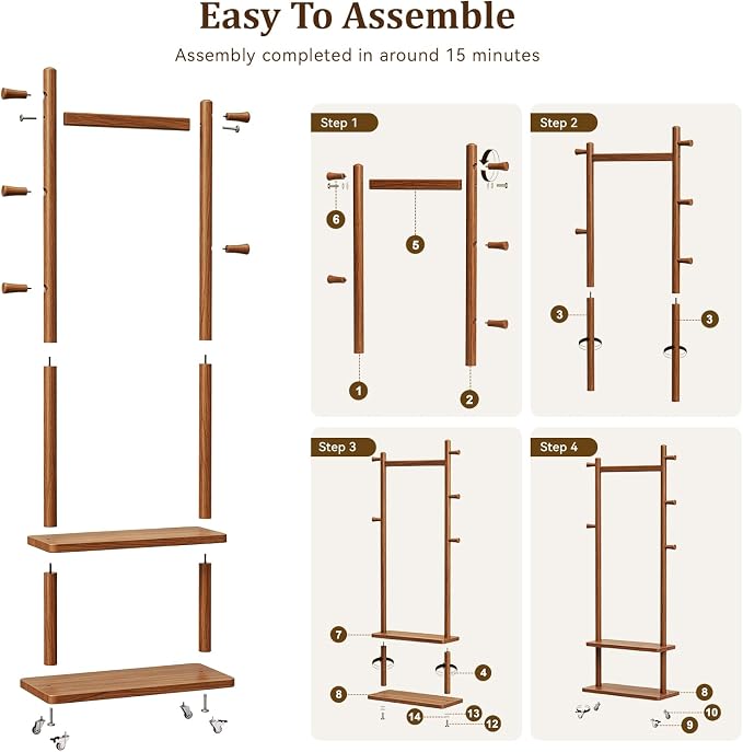 Taitiy Coat Rack Freestanding Clothing Rack with Wheels & 2 Shelves Storage & 5 Hooks Heavy Duty Clothes Rack Wood Coat Tree Stand Hat Hanger Rack for Corner Bedroom Entryway Living Room Hotel Size L