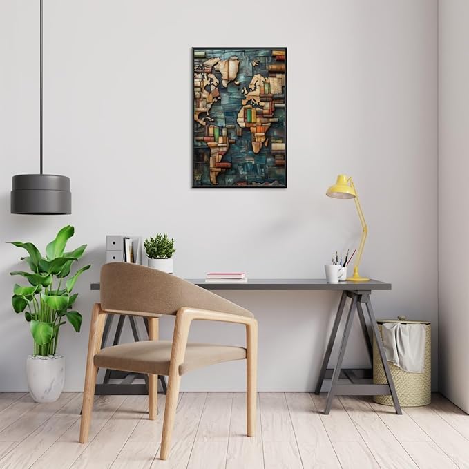 World Map Book Adventure Vintage Library Art Aesthetic Poster Canvas Wall Art Decoration Living Room Home Decor Bedroom Decoration Poster black framed20x30inch