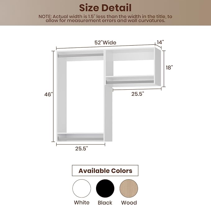 ROOMTEC Modular Closet System, 52" Wall-Mounted Closet Organizer with Hanging Rods, Wooden Tower for Walk-In Closets, Wardrobe Storage Kit, White