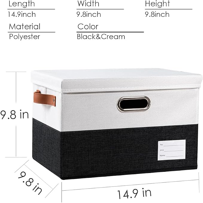 PRANDOM Foldable Storage Bins with Lids [3-Pack] Fabric Collapsible Storage Boxes Baskets Cubes Containers with Handles for Closet Living Room Bedroom (Black & White 14.9x9.8x9.8'')
