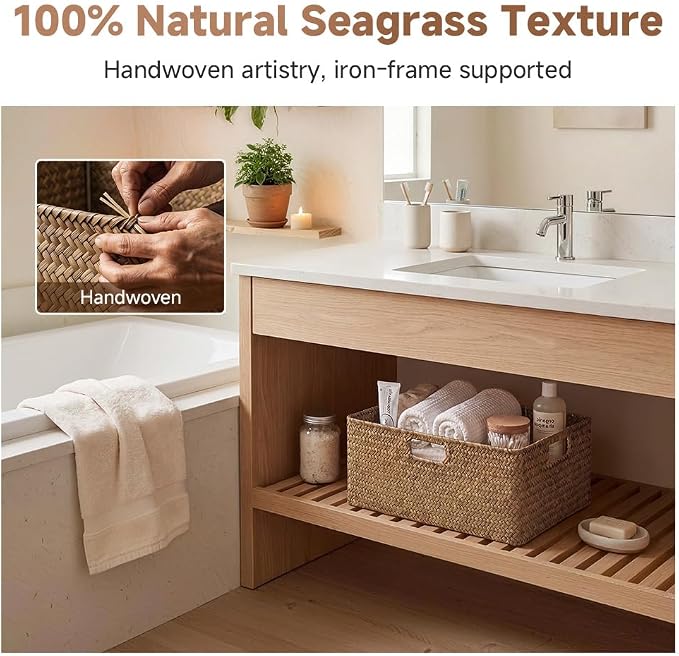 StorageWorks Extra Large Wicker Baskets for Organizing, Seagrass Baskets | Pantry Shelves, Kitchen Closet, Laundry, Bathroom, Table, Decorative, Book, Towel, Blanket, Food, Magazine, Medium, Handle
