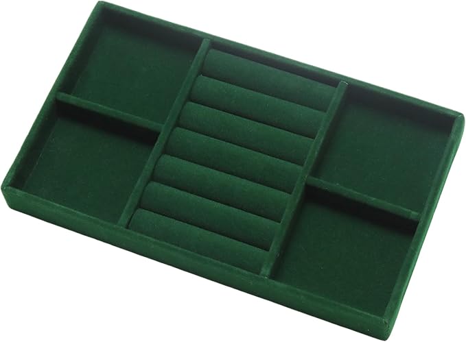 Velvet Jewelry Trays for Drawers, Dark Green Stackable Jewelry Drawer Organizer Inserts, Ring Earring Necklace Bracelet Holder Organizer Storage Display Tray with Removable Dividers, 2-in-1