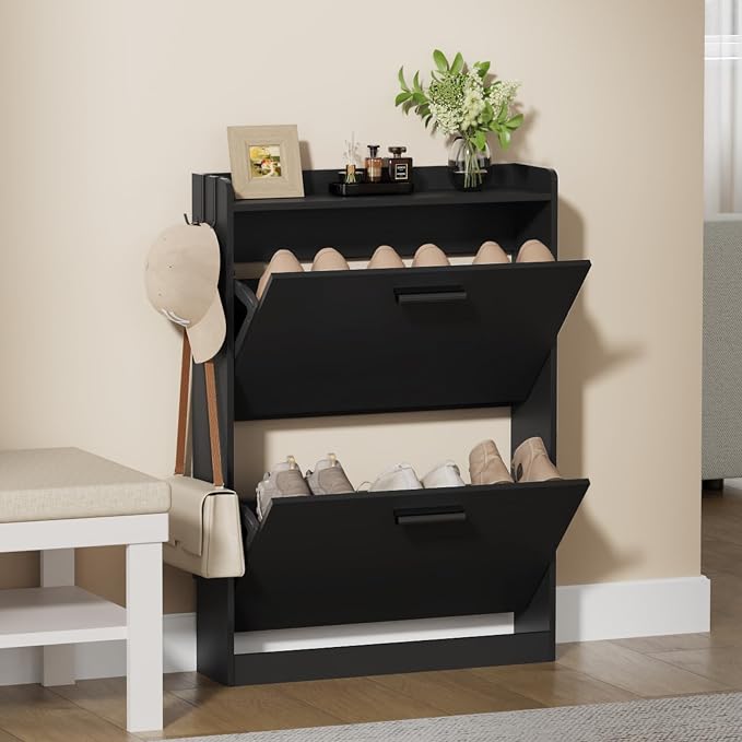 Shoe Cabinet Organizer with 2 Flip Drawers, Freestanding Shoe Rack Cabinet, 23.6" W × 6.3" D × 33.1" H Narrow Shoe Cabinet Storage for Entryway, Foyer, Hallway, Black