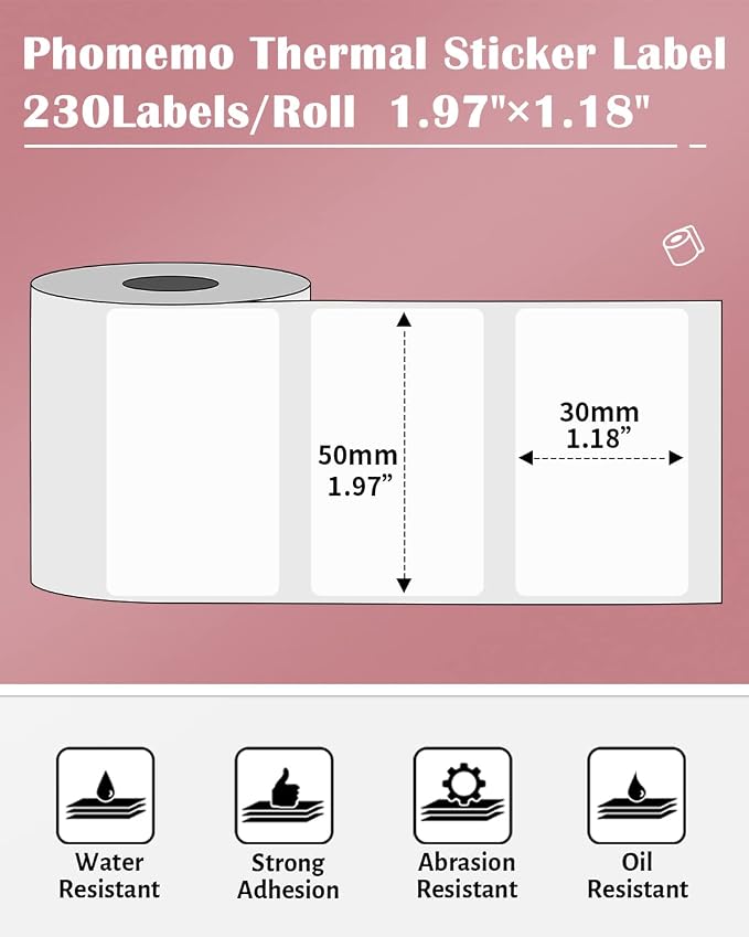Phomemo Thermal Sticker Label for M110/M100/M108/M220/M250/M221 Label Printer,1.97"x1.18"(50x30mm), Name Labels for Kids, School, 230 Labels/Roll, Black on White | Square 50 x 30mm Name Thermal Stickers for Kids/School, 1 Roll, for Barcode/Address/Orga...