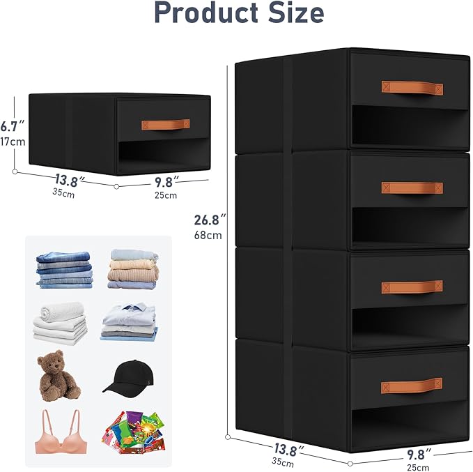 DIMJ Closet Organizers and Storage - Pull-out Fabric Bins with Drawers for Closet Foldable Clothes Organizers with Clear Window, Stackable Storage Drawers for Bedroom,Living Room,Shelf,6-Pack, Black