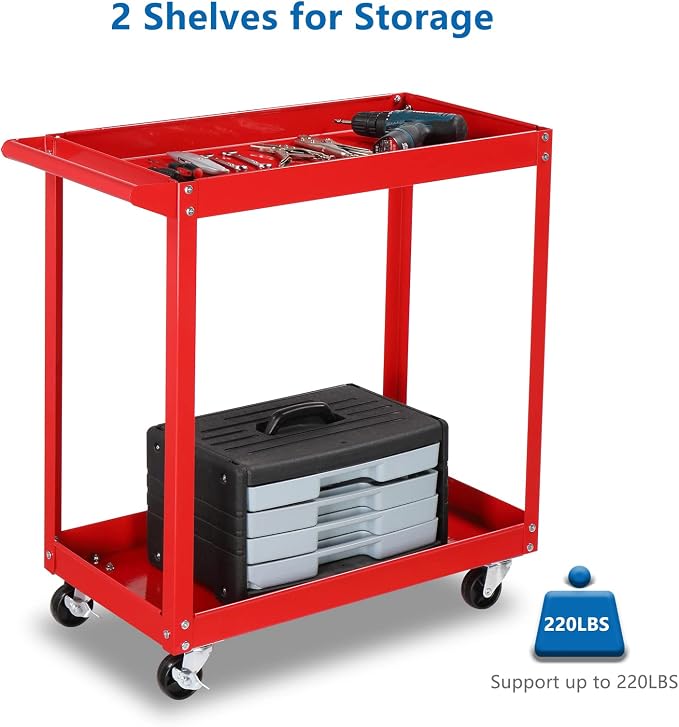 TUFFIOM 2 Tier Rolling Tool Cart on Wheels w/2 Brake, 220 LBS Capacity Heavy Duty Commercial Utility Tool Service Cart, Tool Organizer for Mechanic,Garage,Workshop,Warehouse & Repair Shop