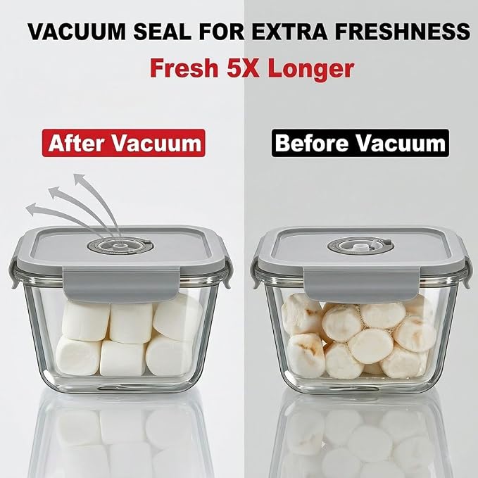 3-Piece Square Glass Vacuum Food Storage Containers Set with Hand Pump & 10 Sealer Bags, Borosilicate Airtight Meal Prep Lids with Date Tracker, Leakproof, Freezer & Microwave Safe [18/27/42 Oz]