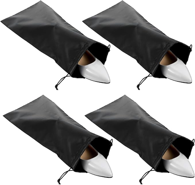 4 Pack Shoe Bags for Travel, Satin Fabric Shoe Bag with Drawstring for Men Women, Black Shoes Storage Bags for Travel Protecting Storing Shoes, Washable & Reusable, 17.7× 7.9 In (Black)