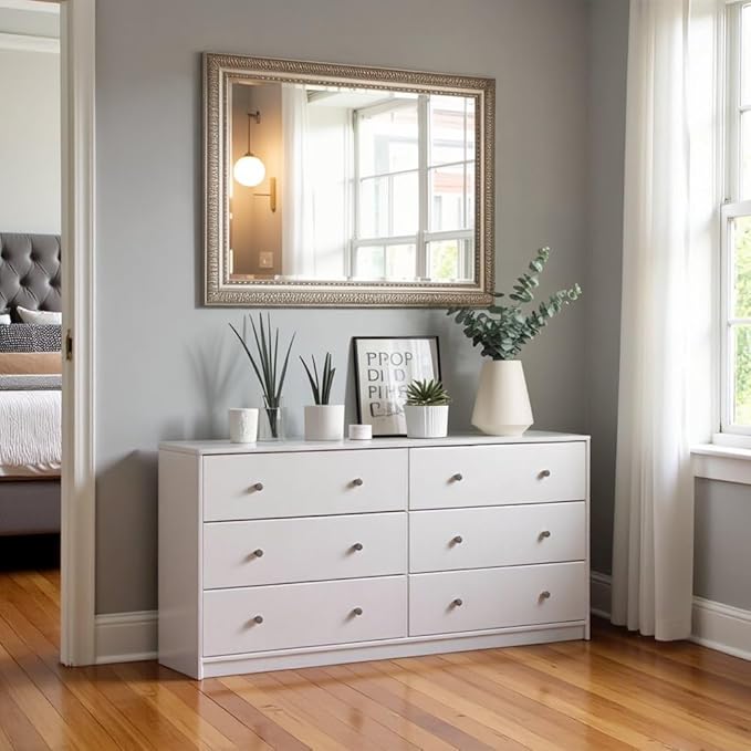 Furnifact White 6 Drawer Double Dresser – Modern Bedroom Storage Organizer with Pewter Knobs, Smooth Glide Drawers, Scandinavian Style, Engineered Wood