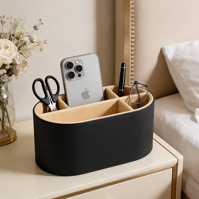KINGFOM PU Leather Desk Organizer with Multi Compartments, Desktop Caddy Holder for Remote Controls, Pens, Makeup Brushes, Office Accessories (Black)