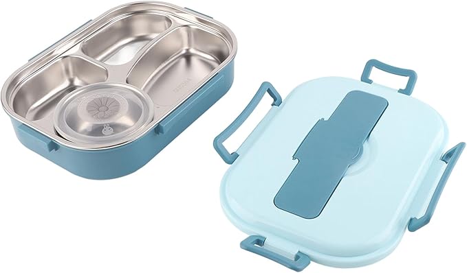 POCREATION Stainless Steel Lunch, Stainless Sel Luh 4 Compartment Leakproof Container, Stainless Sel With Spoons & Chopsticks, Portable 51 With Soup Bowl – Blue