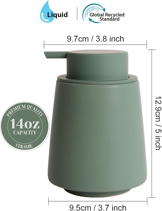 INGOFIN Ceramic Soap Dispenser, 14 oz Bathroom Hand Soap Dispenser, Liquid Dispenser with Pump, Refillable Modern Lotion Dish Dispenser for Kitchen, Matte Green