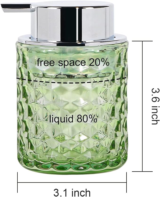 10 Oz Glass Hand Soap Dispenser with Pump, Refillable Bathroom Gold Foaming Soap Dispenser, Vintage Glass Diamond Lotion Container Bottle for Bathroom and Kitchen (1, Green and Silver)