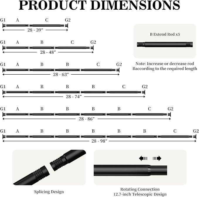No Drilling Closet Rod, Adjustable Black Closet Rod, 28-98 Inches Heavy-Duty Closet Tension Rods for Hanging Clothes for Wardrobes, Closet, Laundry & Bathroom