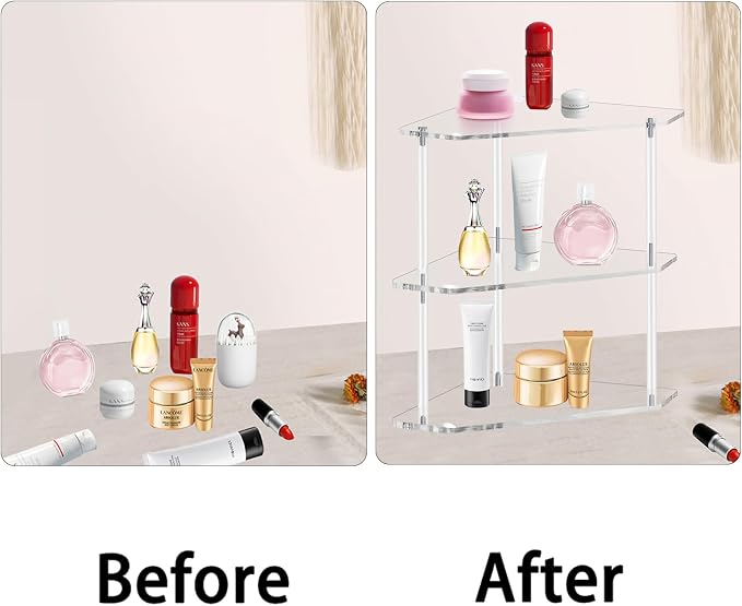 Tasybox Corner Shelf, 2 Tier Bathroom Counter Organizer Acrylic Organizer | Clear Corner Shelves, Bathroom Countertop Organizer, Plate Organizer for Cabinet Bathroom Kitchen Vanity Makeup Spice