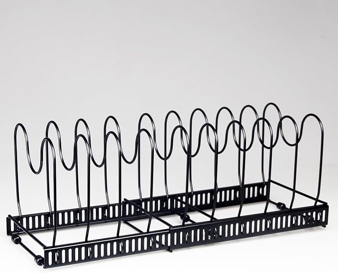 Expandable Pots and Pans Organizer Rack, Pot Lid Kitchen Cabinet Organizer Holder with 10 Adjustable Compartment, Cookware Rack for Kitchen Cabinet Storage, Black