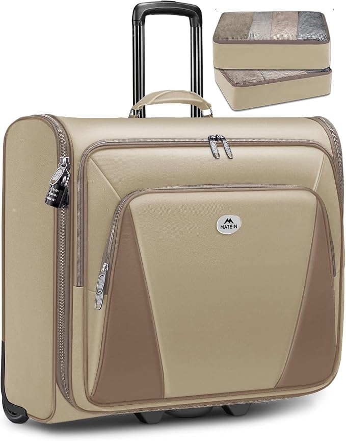MATEIN Garment Bag with Wheels For Women, Large Wheeled Garment Bag, Khaki | For Hanging Clothes, 2 Packing Cubes, Softside, Foldable Travel Suit Carrier, Business Suitcase Luggage, Fits 17" Laptop