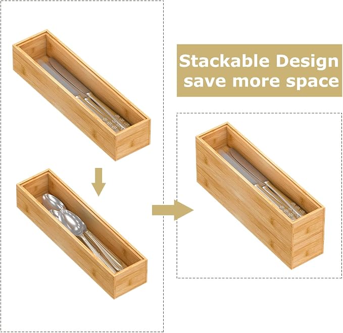 Bamboo Kitchen Drawer Organizer 12"x 3", Wooden Stackable Silverware Tray | Utensil Organizer Cutlery Holder for Kitchen, Wooden Storage Box for Bathroom, Multi-Use Storage Bins Dividers for Office