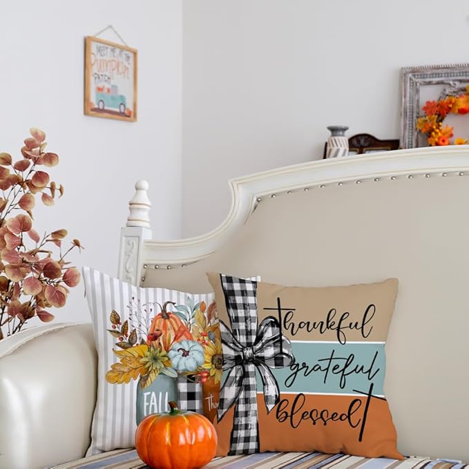 GEEORY Fall Pumpkin Sunflowers Pillow Covers 20x20 Inch Set of 4, Mason Jars Sweet Home Buffalo Plaid Bowknot Autumn Thanksgiving Decorative Throw Pillows Farmhouse Decoration for Sofa Aqua