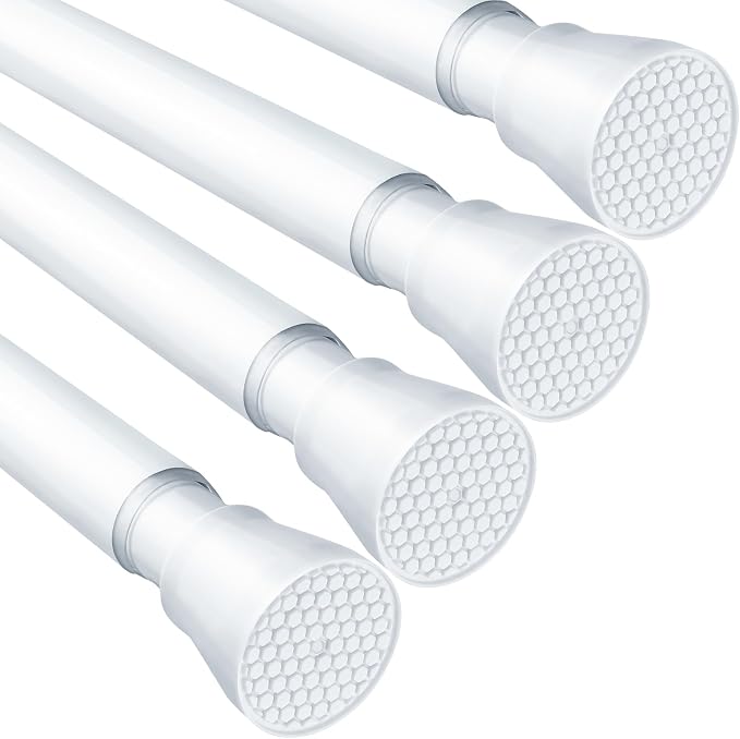 MEXAU 4 Pack White Tension Rod 18 To 26 Inch Adjustable Spring Tension Curtain Rods No Drilling Short Curtain Rod Extendable Small Spring Tension Rod for Closet Cupboard Bars Refrigerator