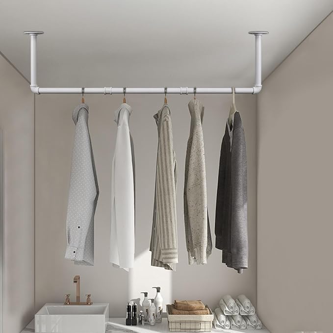 Industrial Iron Pipe Clothes Hanging Bar DIY Wall-Mounted Garment Rack Heavy Duty Clothing Rack for Bedroom, Laundry Room, Closet Storage (White 40 inch)
