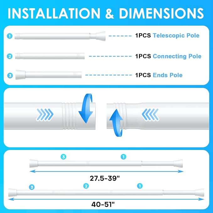White Tension Curtain Rod for Windows 28 to 48 inch, Adjustable Extendable Pressure Spring Curtain Rod No Drilling, 7/8" Spring Tension Rod for Bathroom Bedroom Doorway Closet Door