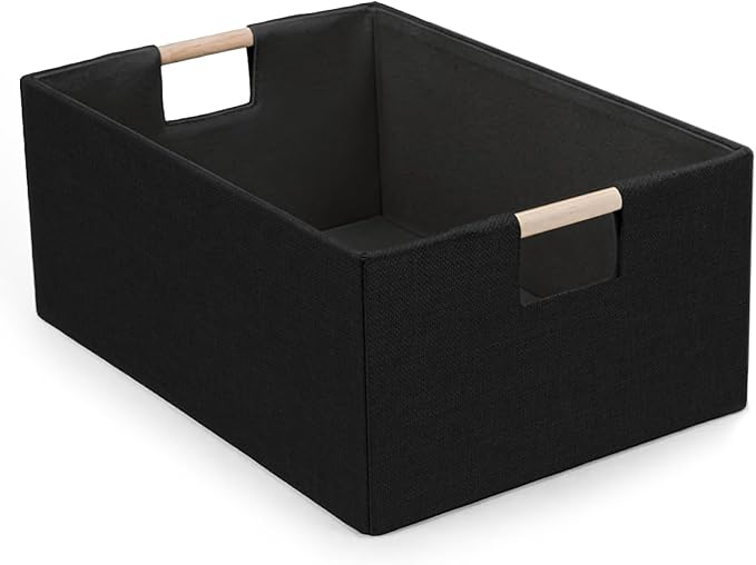 Foldable Fabric Storage Basket for Shelves, Linen Decorative Storage Bin with Wooden Handles, Small Organizer Cube for Closet, Rectangle Canvas Box for Organizing, Decor, 15x10.6x6 Inches (Blcak)