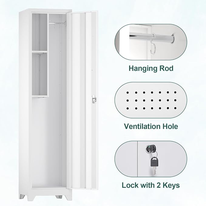 Slim Broom Storage Cabinets, Metal Cabinet with Shelves and Hanging Rod, 15.75" W Utility Storage Cabinet with Locking Door, Slim Cabinet for Small Spaces, Kitchen, Pantry, Office, Shop