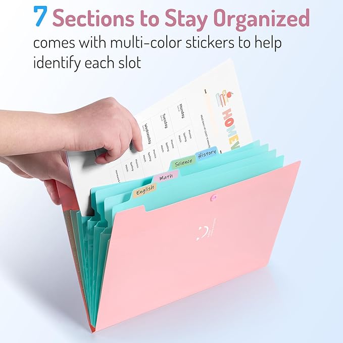 Forvencer Accordion File Organizer, Letter Size, 7 Pocket Expanding File Folder, Cute File Folder with Labels, Portable File Organizer for School Office Supplies, Folders for Documents, Blue