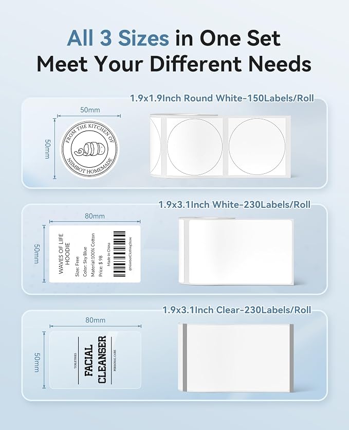 NIIMBOT 3 Roll Set Label, 50x80mm White/50x80mm Clear/50x50mm White Round | Thermla Label Comptible with B1/B21/B21 Pro Label Maker, for Kitchen Jar/ Address/Price/Gift