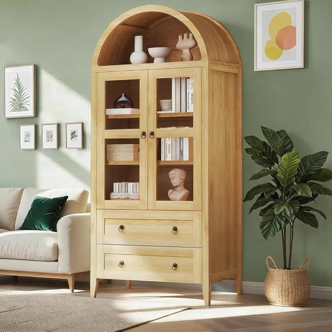 71" Tall Arched Kitchen Pantry, Pantry Cabinet, Kitchen Storage Cabinets with 2 Large Drawers & Adjustable Shelves & Glass Door for Living Room,Dining Room, Natrual