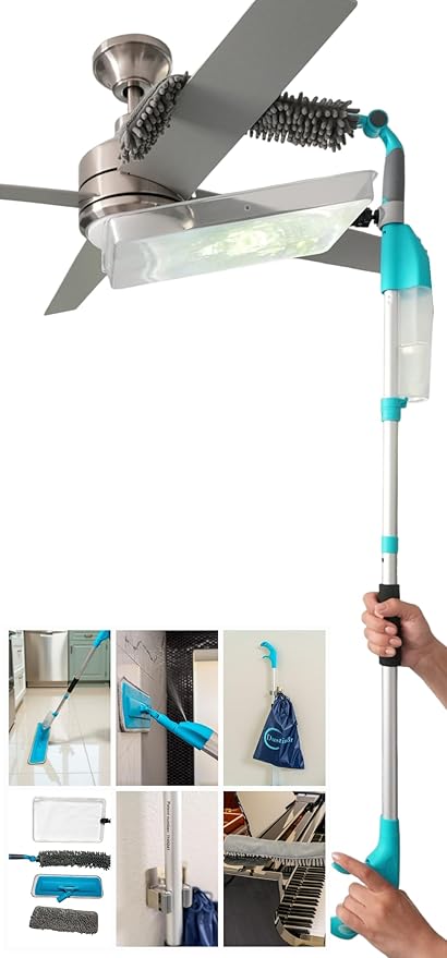 Patented 4-in-1 Ceiling Fan Cleaner Duster. Spray Mop. Wall Cleaner with Sprayer. Duster. Dust Trapping System| Storage Bag & Hook. Lightweight. Reusable. Microfiber